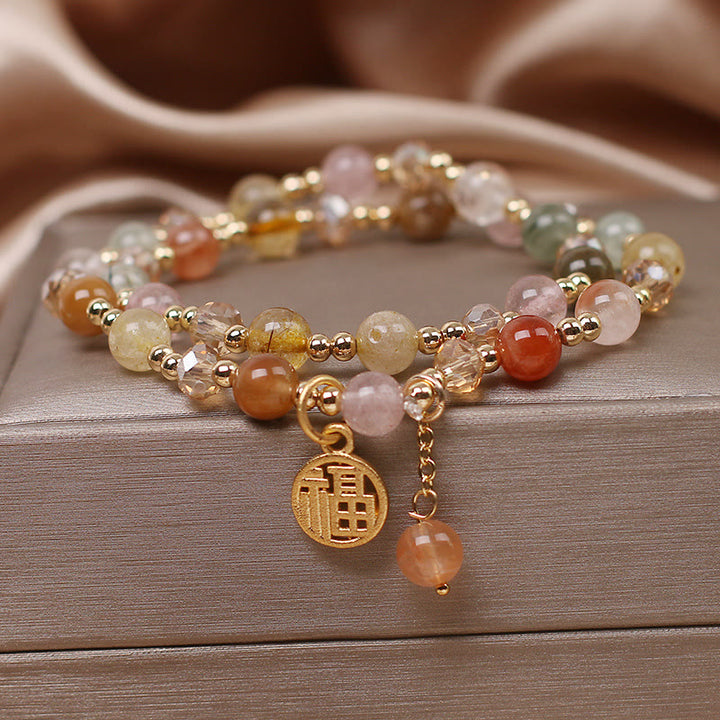 Buddha Stonesマルチカラールチルクォーツ 福文字 縁起物ブレスレット