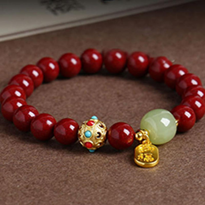 Buddha Stones辰砂 グリーンアベンチュリン 幸運 守護 チャームブレスレット