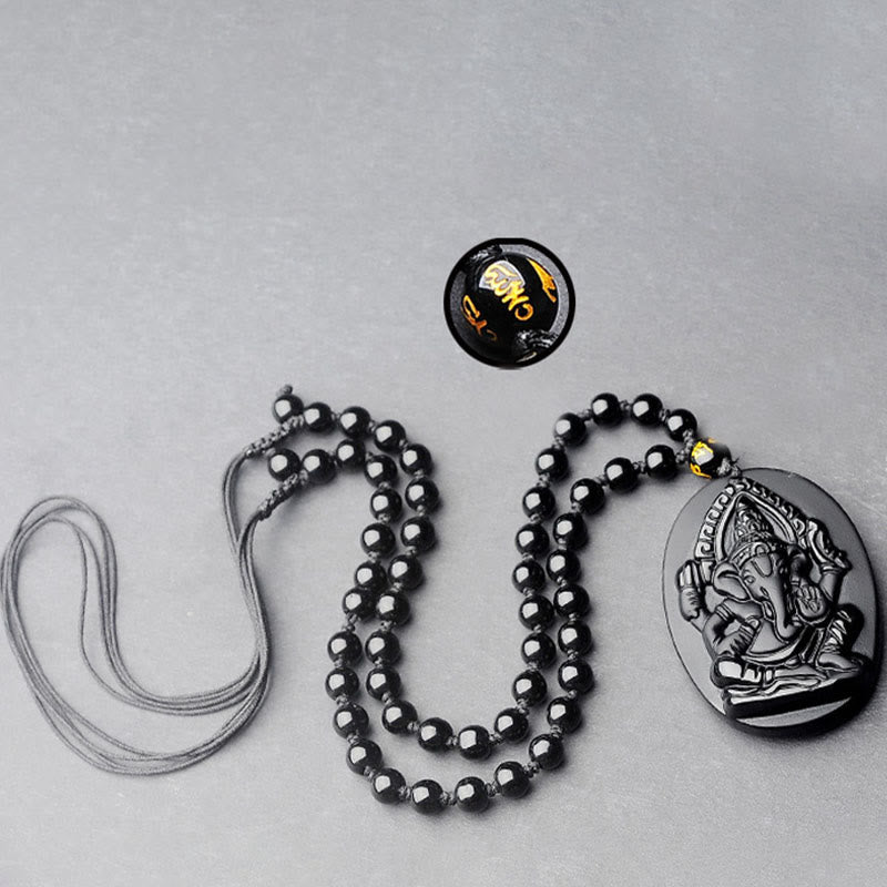 Buddha Stonesチベット黒曜石 ガネーシャ ガンパティ象 富のお守りネックレス