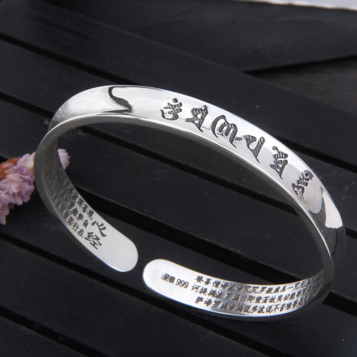 Buddha Stones999スターリングシルバーオーム・マニ・パドメ・フム般若心経 愛と平和のブレスレット バングル