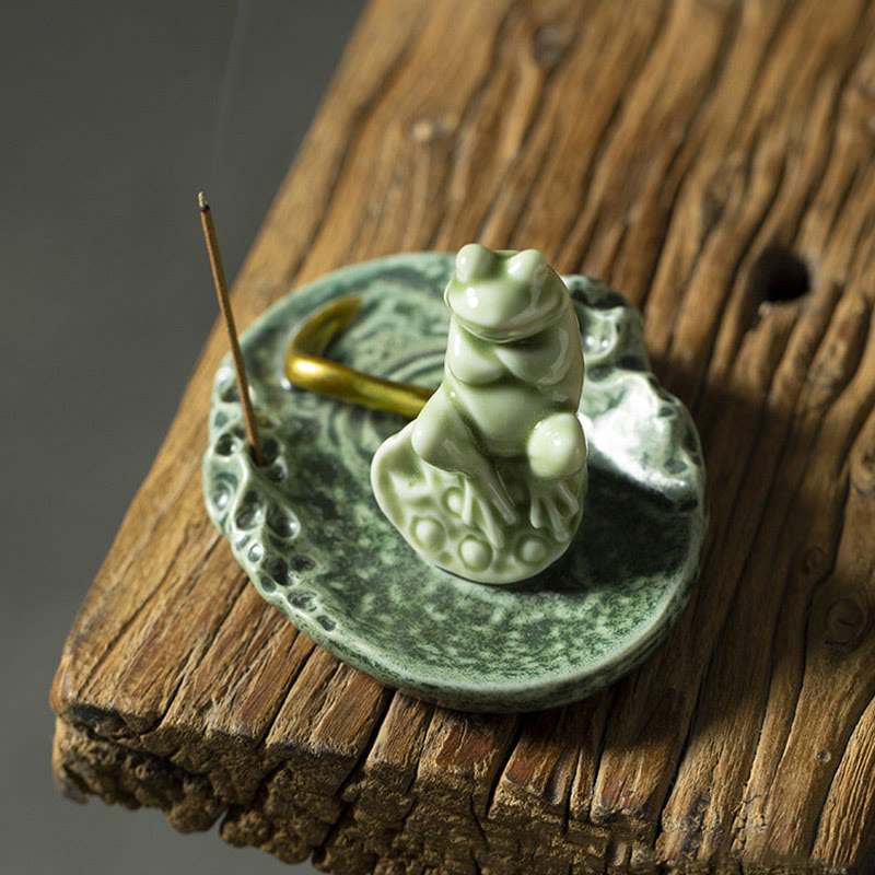 Buddha Stones葉 瞑想 カエル柄 癒し 陶器 香炉 装飾