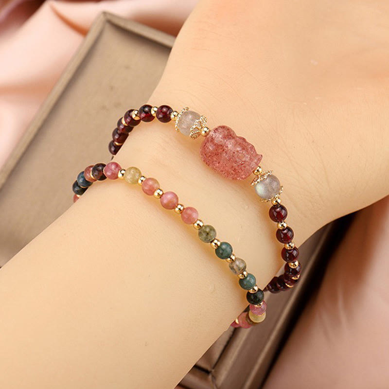 Buddha Stones天然トルマリンガーネット ストロベリークォーツ 貔貅ムーンストーン守護ブレスレット