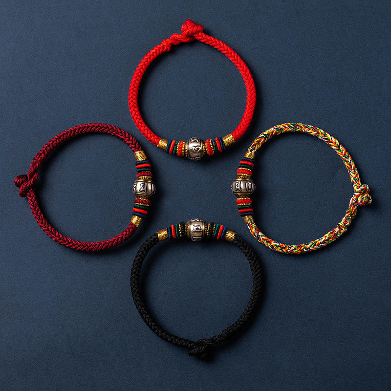 Buddha Stones925 スターリングシルバー チベット ハンドメイドオーム・マニ・パドメ・フム幸運の守護 キングコングノット 編み込みブレスレット