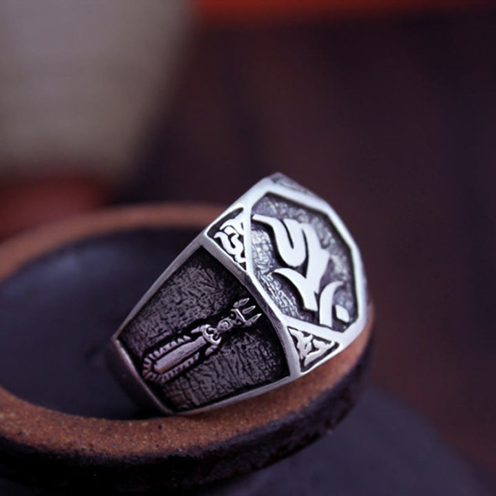 Buddha Stones925 スターリングシルバー サンスクリットデザイン 彫刻入り 保護 調節可能 リング
