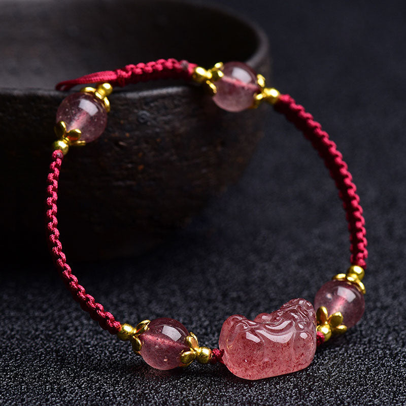 Buddha Stones天然ストロベリークリスタルPiXiuチャーム幸運の赤紐ブレスレット