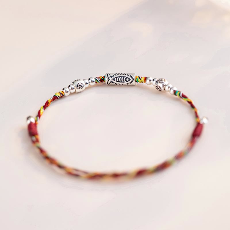 Buddha Stones925 スターリングシルバー 幸運の鯉 編み込み カラフル ストリング ブレスレット アンクレット