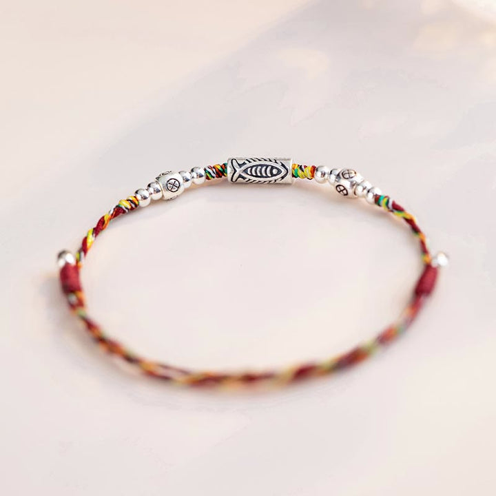 Buddha Stones925 スターリングシルバー 幸運の鯉 編み込み カラフル ストリング ブレスレット アンクレット