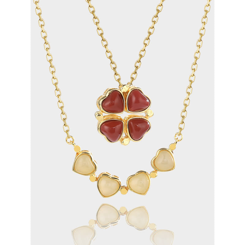 Buddha Stones925スターリングシルバー 四つ葉のクローバー ホワイトジェイド レッドアゲート 豊穣のネックレスペンダント