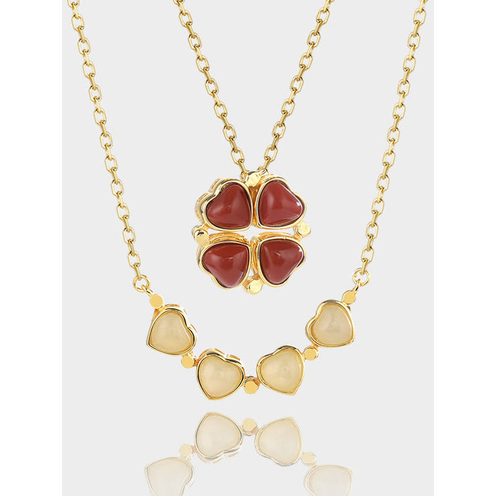 Buddha Stones925スターリングシルバー 四つ葉のクローバー ホワイトジェイド レッドアゲート 豊穣のネックレスペンダント