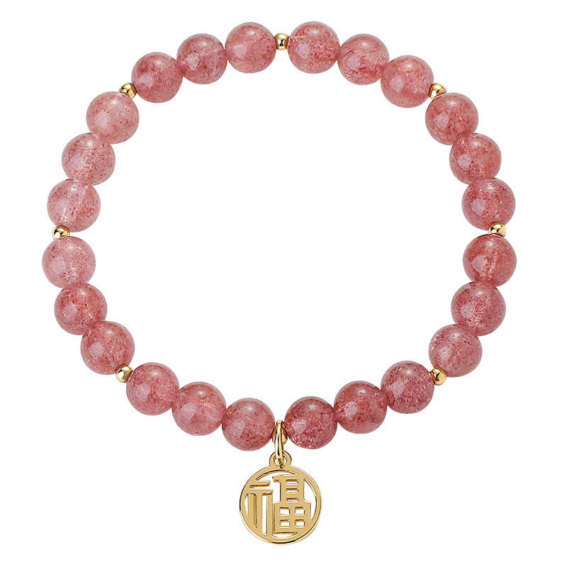Buddha Stones14Kゴールドメッキ ストロベリークォーツ フーキャラクター ヒーリングチャームブレスレット