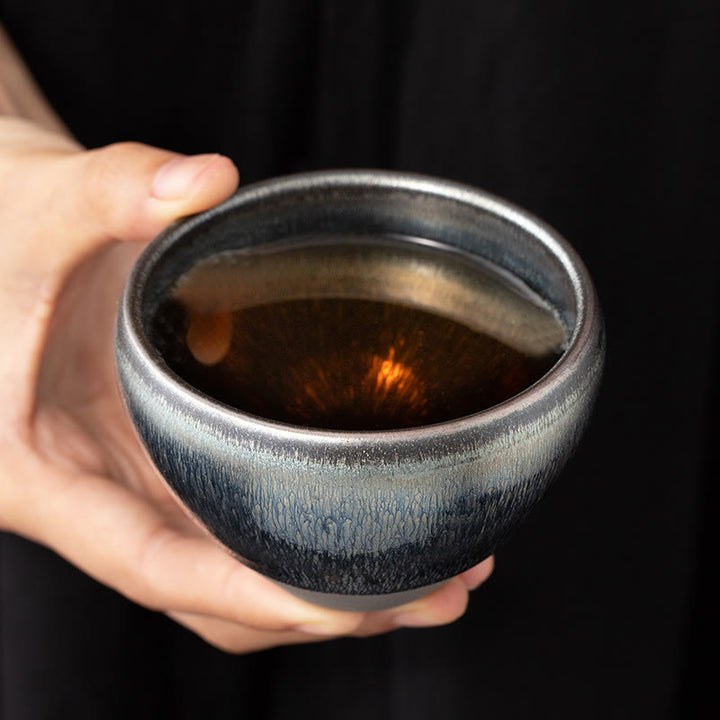 Buddha Stonesヴィンテージ 中国製 シルバー ブルー Jianzhan 窯変磁器 ティーカップ カンフー ティーカップ