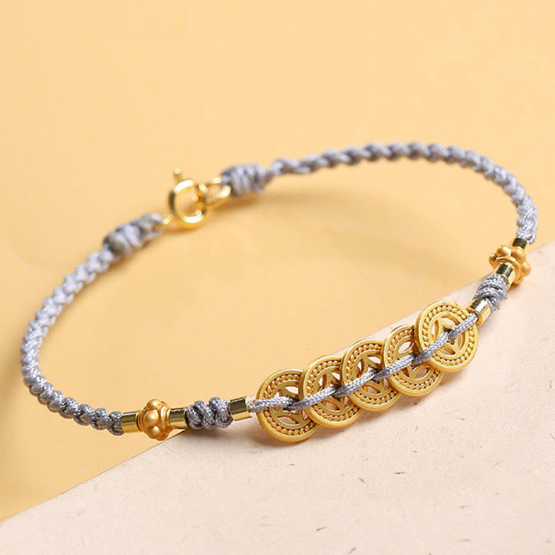 Buddha Stones、銅貨、幸運の木、真珠、幸運の青いロープ編みブレスレット