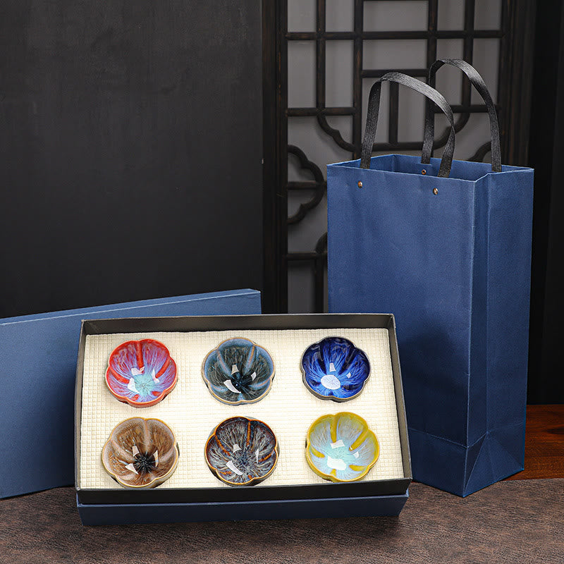 Buddha Stones6個 梅の花びら模様 中国 Jianzhan 窯変 陶器 ティーカップ カンフー ティーカップ ボウル ギフトボックス付き