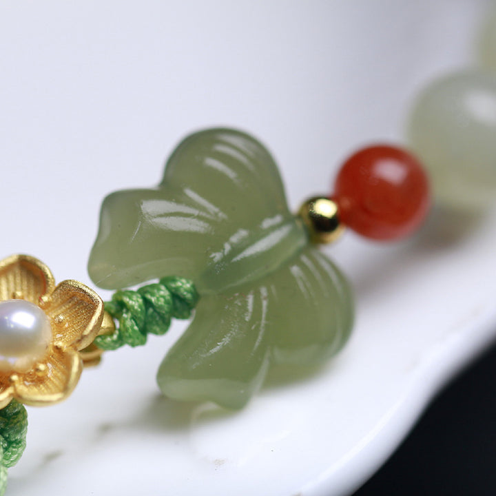 Buddha Stones925スターリングシルバー 翡翠 幸運の花 蝶 ブレスレット