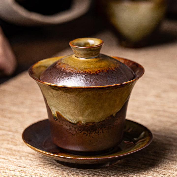 Buddha Stonesヴィンテージ ブラウン 窯変デザイン 磁器 セラミック 蓋碗 三彩 ティーカップ カンフー ティーカップ＆ソーサー 蓋付き