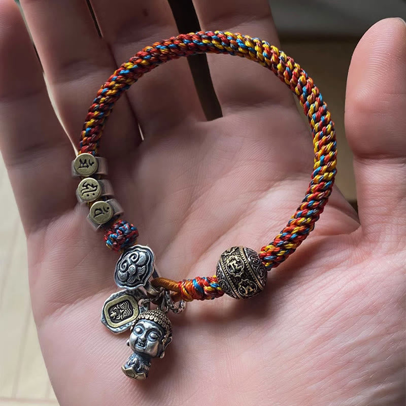 Buddha Stonesハンドメイド チベット 925 スターリングシルバー十二支誕生仏ザキラム 富の守護女神 マルチカラー ロープ編みブレスレット
