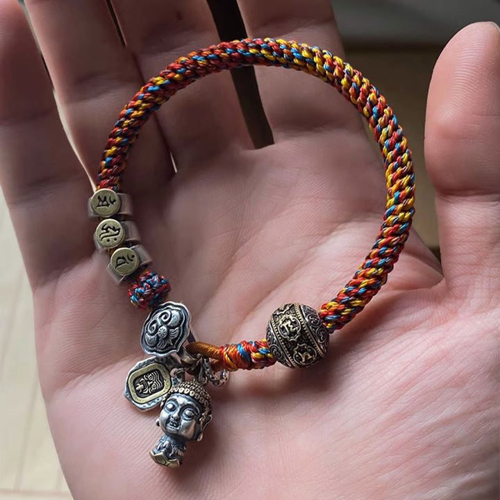 Buddha Stonesハンドメイド チベット 925 スターリングシルバー十二支誕生仏ザキラム 富の守護女神 マルチカラー ロープ編みブレスレット
