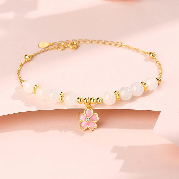 Buddha Stones 925スターリングシルバー 和田産白翡翠 桜守護ブレスレット