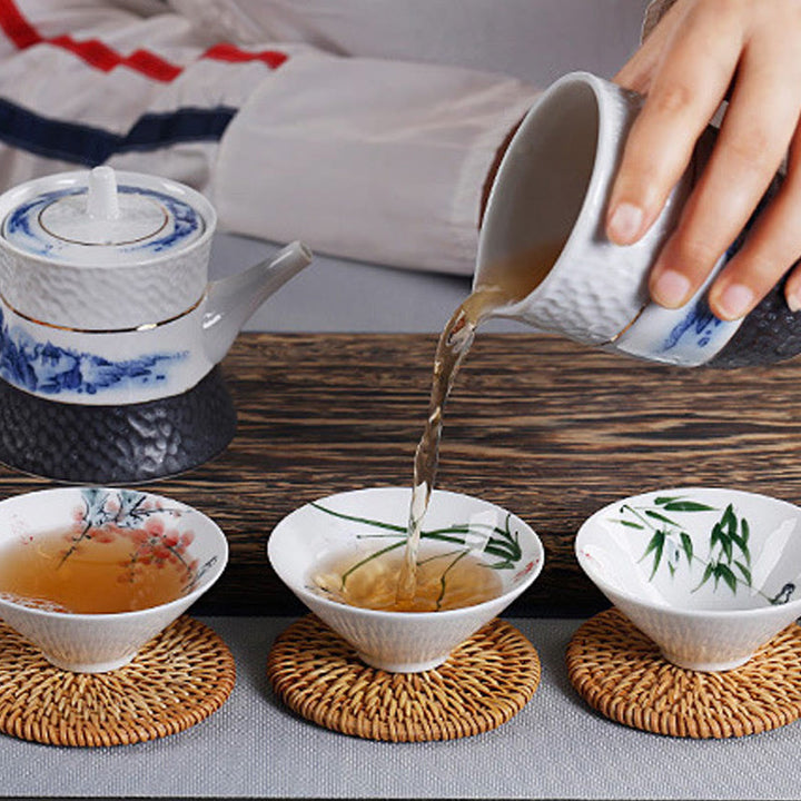 Buddha Stonesヴィンテージ 梅 蘭 竹 菊 蓮 鯉 陶器 ティーカップ カンフー ティーカップ