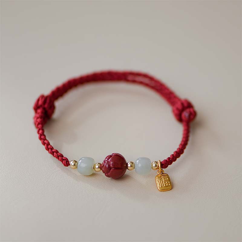 Buddha Stones辰砂 翡翠 蓮華 落ち着いた赤い糸織りブレスレット