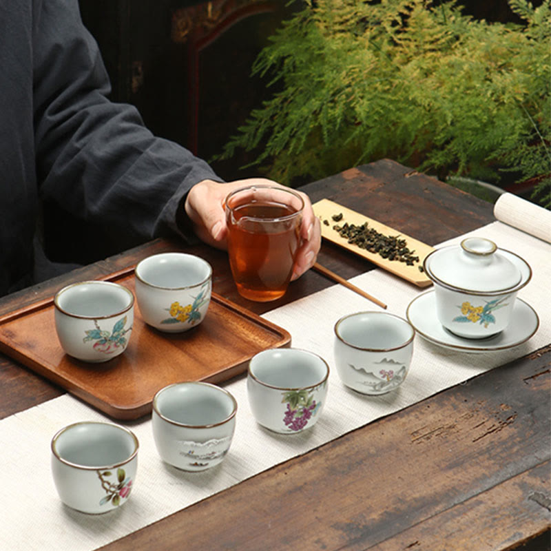 Buddha Stones、ビワ、ライチ、雪景色、ブドウ、リンゴ、陶器のティーカップ、カンフーティーカップ