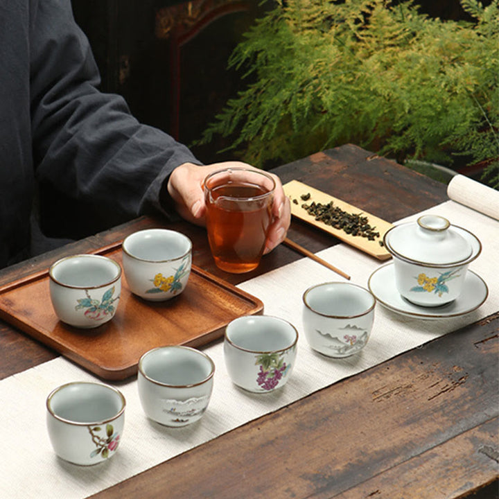 Buddha Stones、ビワ、ライチ、雪景色、ブドウ、リンゴ、陶器のティーカップ、カンフーティーカップ