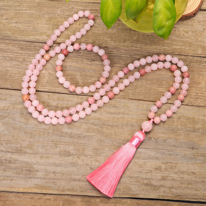 Buddha Stones108個入りMalaビーズ ピンククリスタル ラブタッセルブレスレット