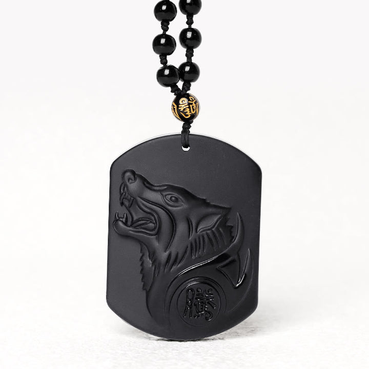 Buddha Stones黒曜石 ウルフ浄化ペンダントネックレス