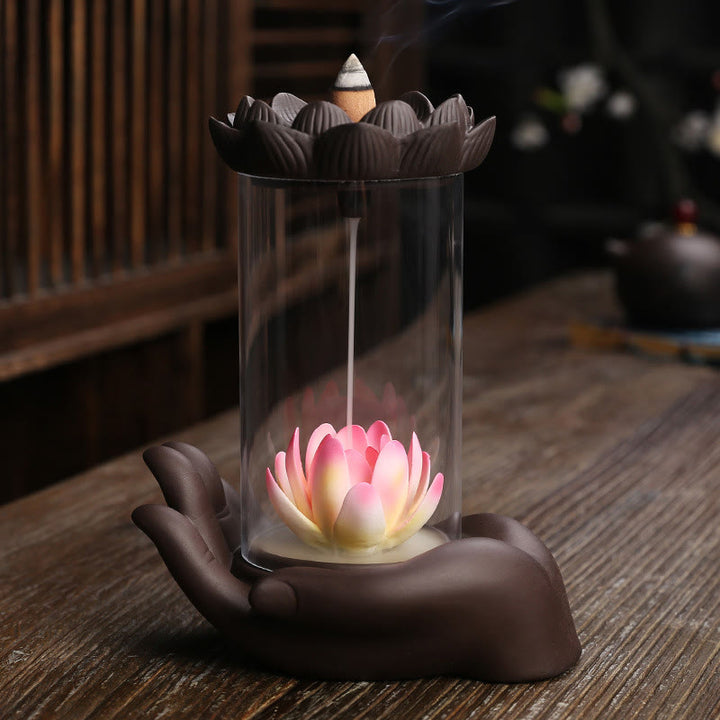 Buddha Stones仏陀の手 蓮 悟り LEDライト 紫 粘土 陶器 香炉 装飾