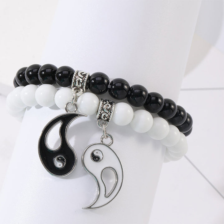 Buddha Stones2個入り ブラックオニキス ホワイトターコイズビーズ 陰陽守護 カップルブレスレット