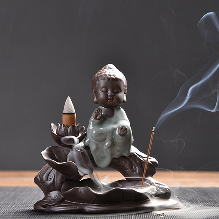 Buddha Stones小さな僧侶 陶器 蓮の祝福 香炉 装飾