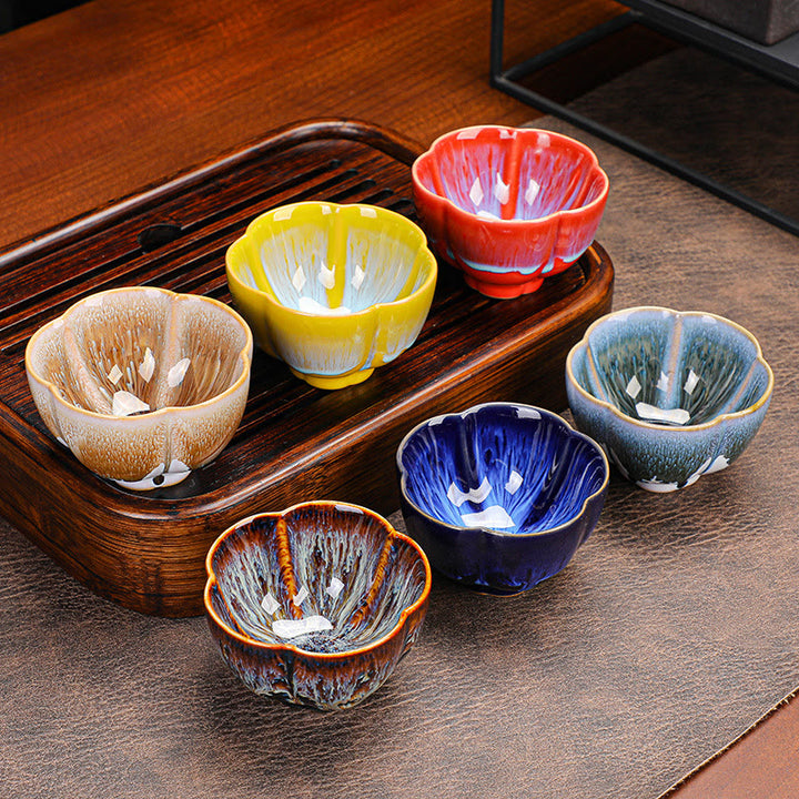 Buddha Stones6個 梅の花びら模様 中国 Jianzhan 窯変 陶器 ティーカップ カンフー ティーカップ ボウル ギフトボックス付き