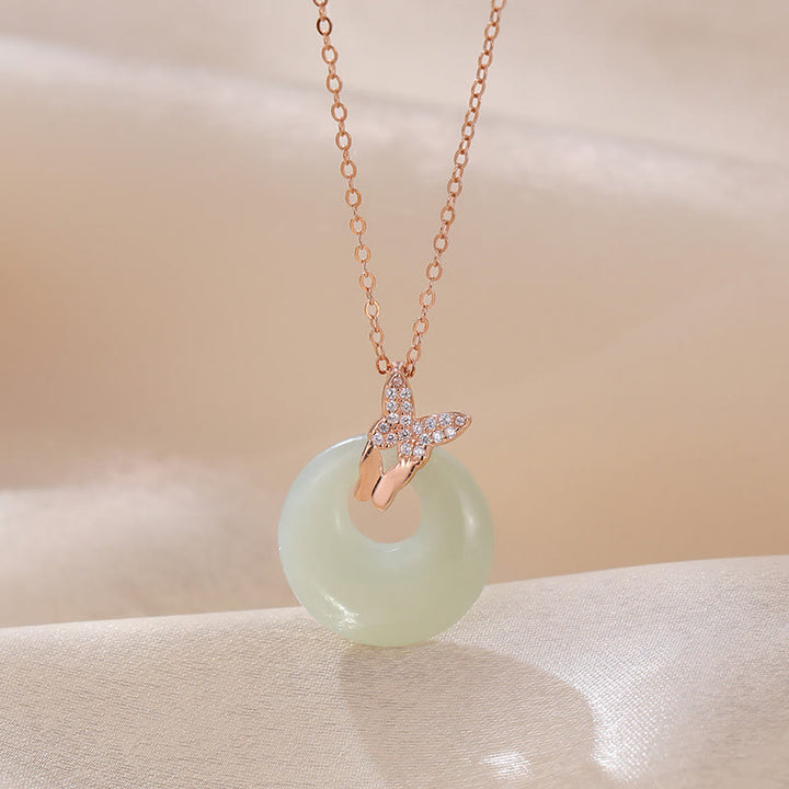 Buddha Stones 925スターリングシルバー 天然和田翡翠ジルコン蝶の幸運ネックレスペンダント