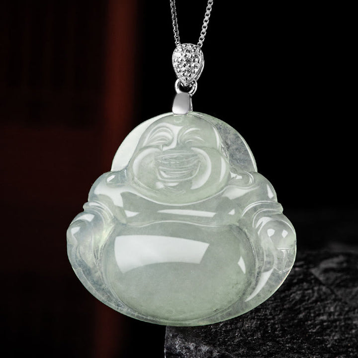 Buddha Stones925スターリングシルバー 天然翡翠 笑い仏 繁栄 豊穣 チェーンネックレス ペンダント