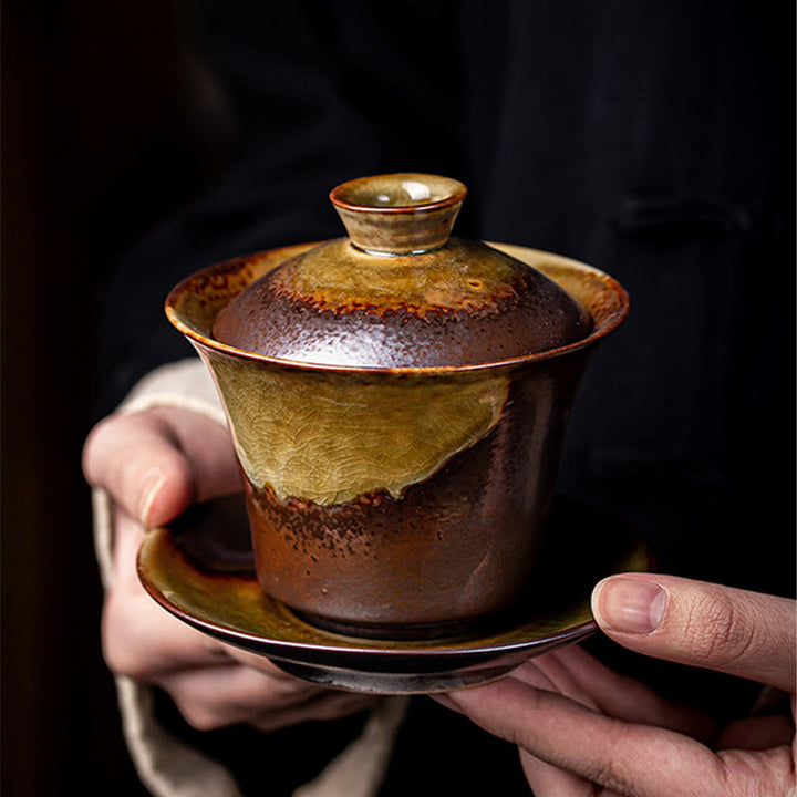 Buddha Stonesヴィンテージ ブラウン 窯変デザイン 磁器 セラミック 蓋碗 三彩 ティーカップ カンフー ティーカップ＆ソーサー 蓋付き