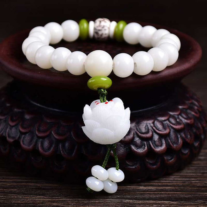 Buddha Stones蓮 天然ホワイト菩提樹幸運ブレスレット