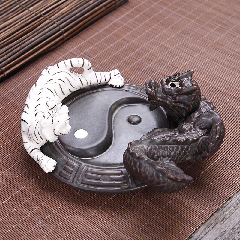 Buddha Stones虎龍 逆流煙噴水 陶器 陰陽 祝福 香炉 装飾