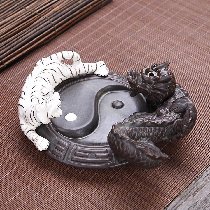 Buddha Stones虎龍 逆流煙噴水 陶器 陰陽 祝福 香炉 装飾