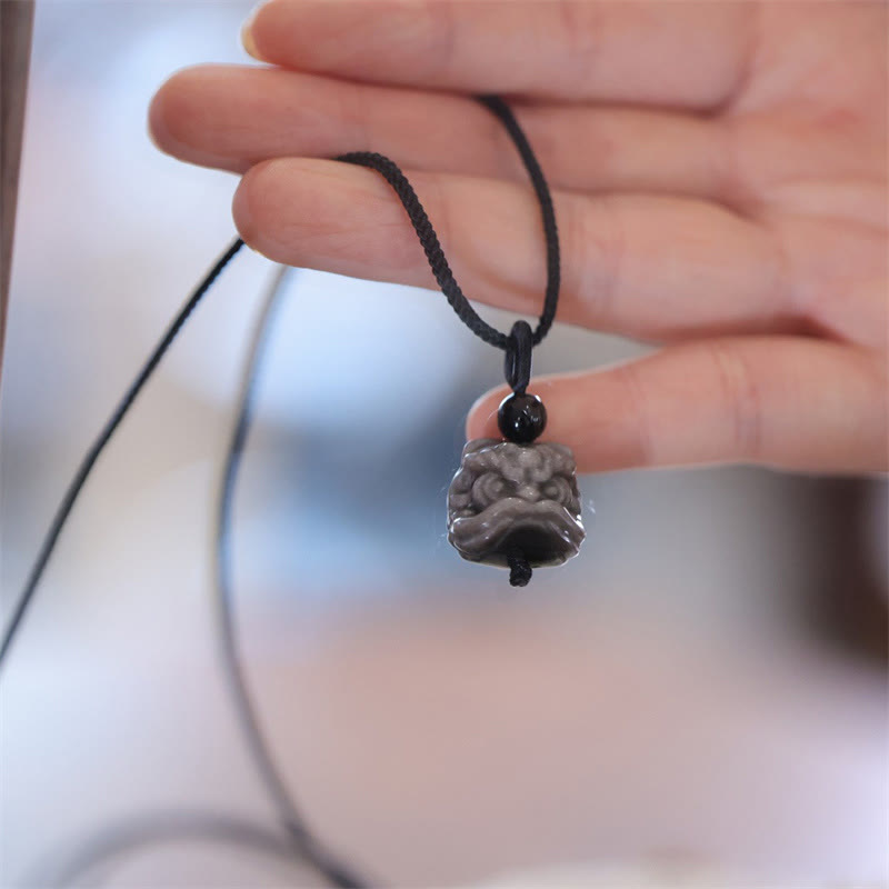Buddha Stones天然銀光沢黒曜石踊るライオン守護ネックレスペンダント