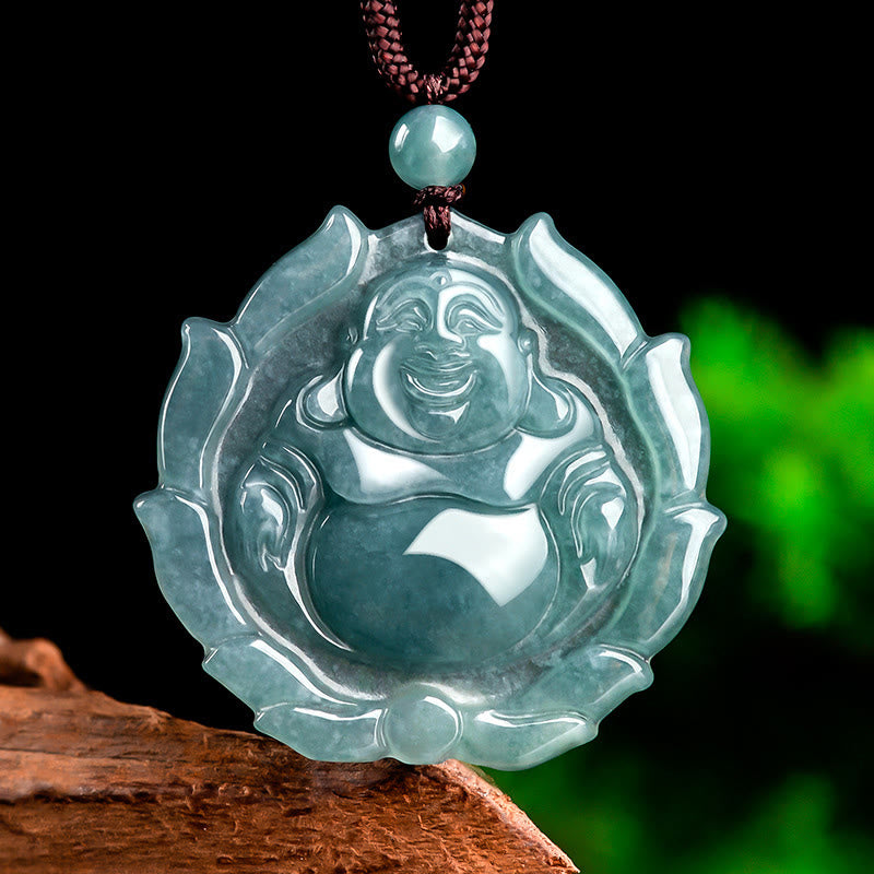 Buddha Stones天然翡翠 笑い仏 蓮の模様 幸運のネックレスペンダント - 笑い仏（幸せ♥富） - image 1