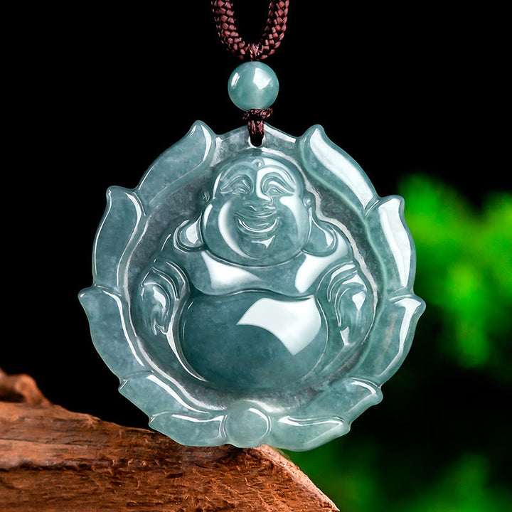 Buddha Stones天然翡翠 笑い仏 蓮の模様 幸運のネックレスペンダント - 笑い仏（幸せ♥富） - image 1