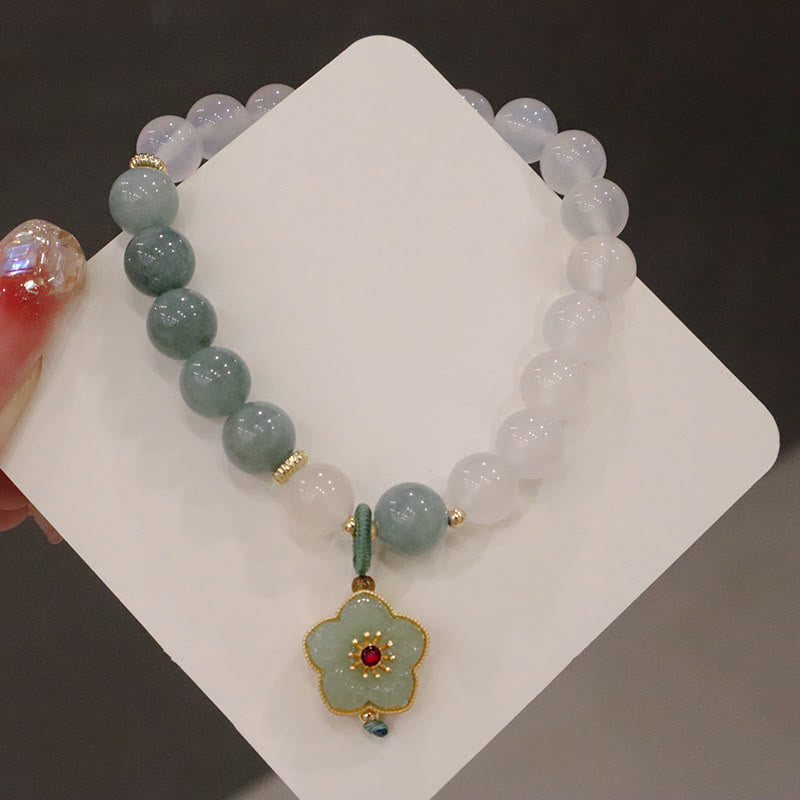 Buddha Stones白瑪瑙 翡翠 蓮の花 平和バックル 守護ブレスレット