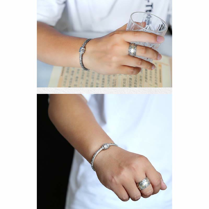 Buddha Stones990 スターリングシルバー チベットの吉兆の雲オーム・マニ・パドメ・フム彫刻 創造性 ブレスレット バングル