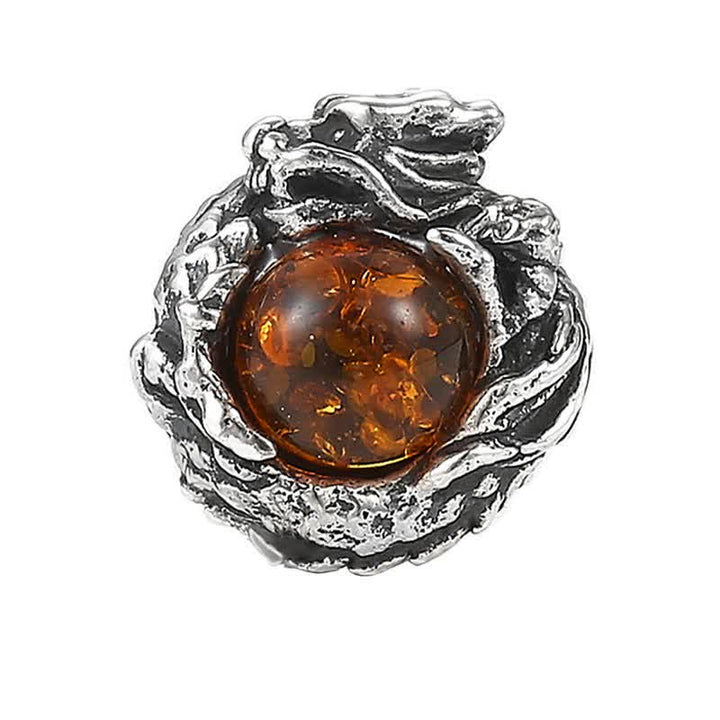 Buddha Stones925スターリングシルバー 天然琥珀 ドラゴン 成功の守護 スタッドピアス