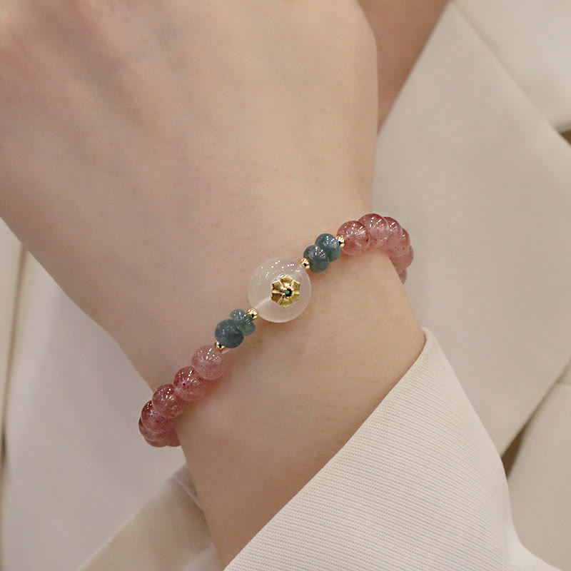 Buddha Stones天然ストロベリークォーツ カルセドニー 翡翠 ヒーリングブレスレット