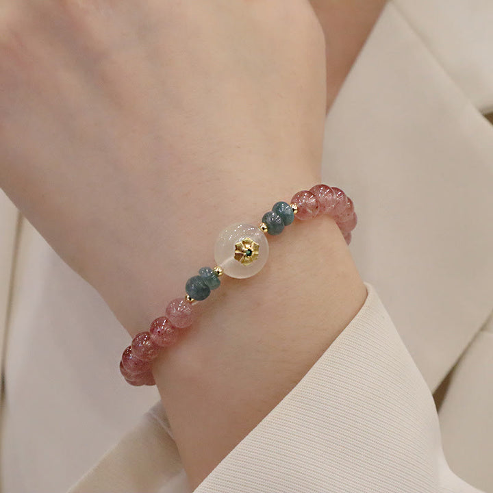 Buddha Stones天然ストロベリークォーツ カルセドニー 翡翠 ヒーリングブレスレット