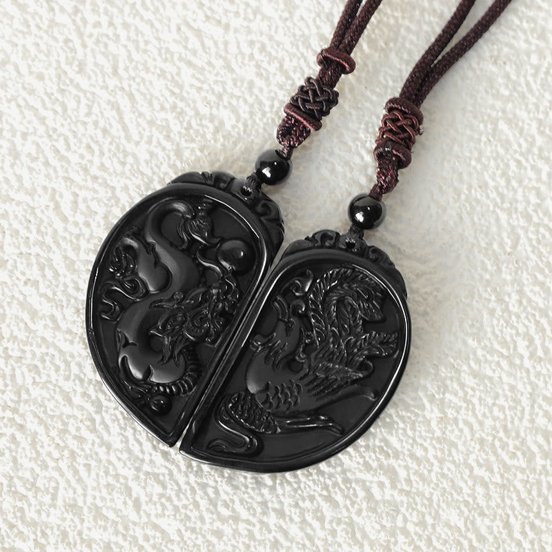Buddha Stonesブラックオブシディアン 愛の龍 鳳凰 守護ネックレス ペンダント - image 6