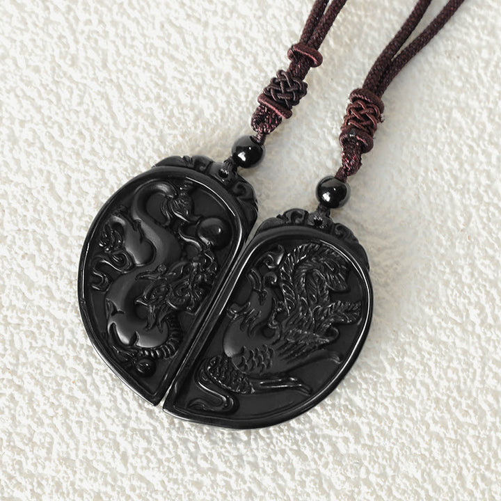 Buddha Stonesブラックオブシディアン 愛の龍 鳳凰 守護ネックレス ペンダント - image 6