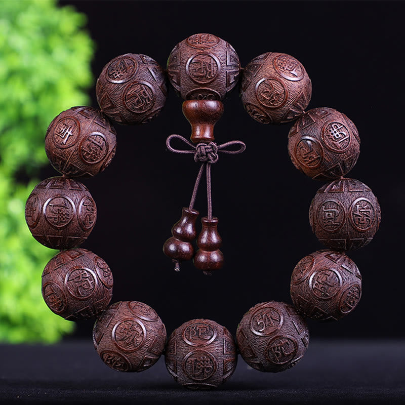 Buddha Stones、中国の十二支、ローズウッド、黒檀、銅貨、貔貅の彫刻、温もりのブレスレット