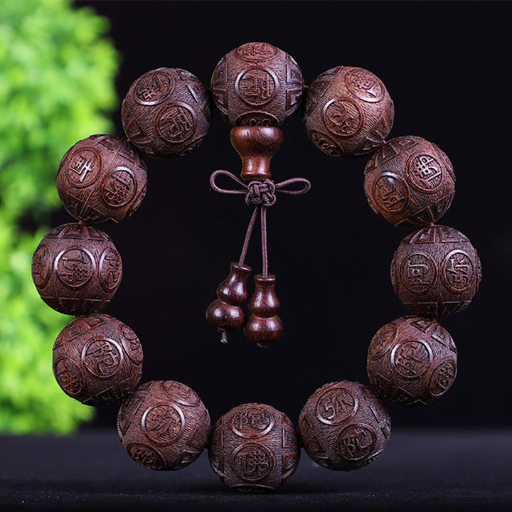 Buddha Stones、中国の十二支、ローズウッド、黒檀、銅貨、貔貅の彫刻、温もりのブレスレット